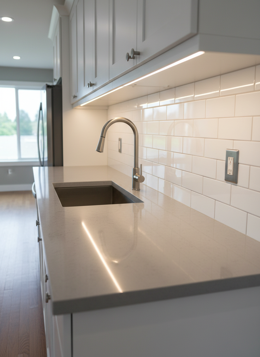 An immaculate, newly updated kitchen corner in a Bellevue home, showcasing precise handyman and general contracting work. A perfectly installed subway tile backsplash in glossy white runs seamlessly behind a quartz countertop in soft, speckled gray. Under-cabinet LED lighting casts a warm yet neutral glow, emphasizing crisp grout lines and smooth caulk joints around a stainless-steel sink and modern pull-down faucet. Electrical outlets are aligned and level, with stainless faceplates matching the appliances. The rest of the kitchen falls into a gentle bokeh, suggesting a larger, cohesive renovation. Shot at a slightly elevated, three-quarter angle in photographic realism, the scene feels polished, functional, and trustworthy, reinforcing high-quality, licensed craftsmanship.