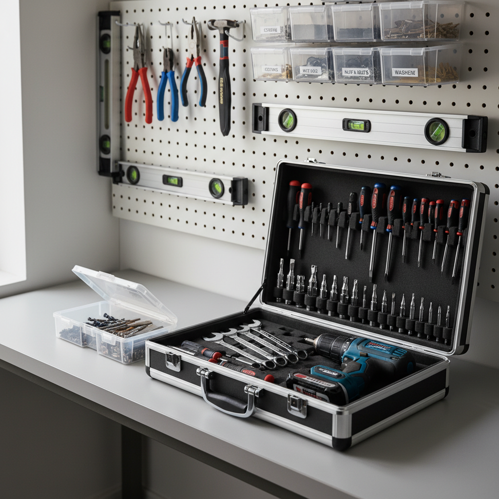A neatly organized array of professional handyman tools laid out on a clean, light gray workbench in a modern garage. A brushed stainless steel toolbox stands open, revealing neatly aligned screwdrivers, wrenches, and a cordless drill with a pristine blue and black casing. Behind it, pegboard walls hold labeled bins of hardware and levels, all in immaculate condition. Soft, diffused daylight filters in from an unseen garage door, creating gentle, realistic shadows and subtle highlights on metal surfaces. Photographed at a slightly elevated, wide-angle perspective with sharp focus throughout, the image feels orderly, reliable, and professional, embodying photographic realism and a clean, trustworthy atmosphere suited for a licensed handyman service brand.
