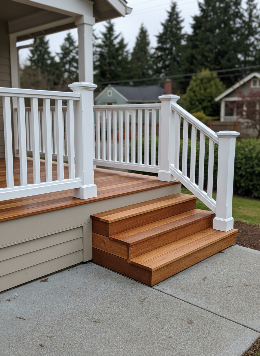 A freshly repaired craftsman-style front porch on a Seattle home, featuring smooth, newly painted railings in crisp white and a refinished wood deck in warm cedar tones. The porch steps are perfectly aligned, with no cracks or gaps, leading down to a tidy concrete walkway. Overcast Pacific Northwest daylight creates even, natural illumination, highlighting the clean edges and subtle texture of the wood grain and paint. In the background, a soft-focus hint of evergreen trees and neighboring houses suggests a quiet residential street. Captured at eye level with a subtle rule-of-thirds composition, the photographic image feels stable, secure, and welcoming, conveying professional, detail-oriented handyman work.