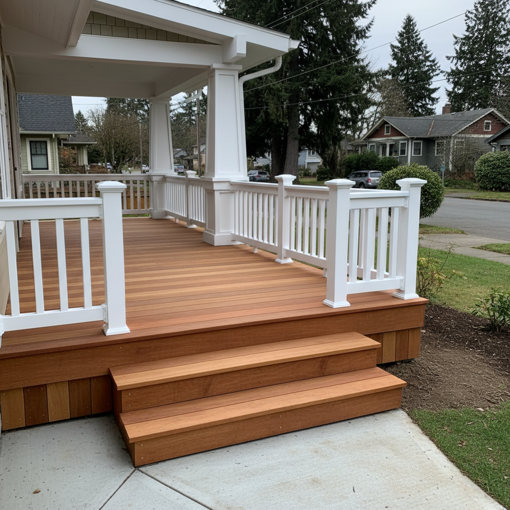 A freshly repaired craftsman-style front porch on a Seattle home, featuring smooth, newly painted railings in crisp white and a refinished wood deck in warm cedar tones. The porch steps are perfectly aligned, with no cracks or gaps, leading down to a tidy concrete walkway. Overcast Pacific Northwest daylight creates even, natural illumination, highlighting the clean edges and subtle texture of the wood grain and paint. In the background, a soft-focus hint of evergreen trees and neighboring houses suggests a quiet residential street. Captured at eye level with a subtle rule-of-thirds composition, the photographic image feels stable, secure, and welcoming, conveying professional, detail-oriented handyman work.
