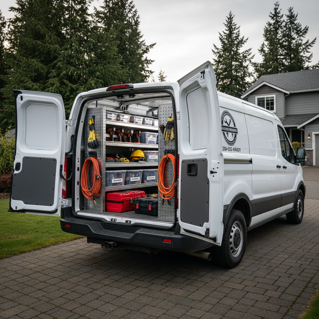 A well-organized service van parked in a quiet Arlington driveway, its rear doors open to reveal an orderly interior fitted with custom shelving and labeled storage bins. Inside, pristine power tools, extension cords, fastener cases, and safety gear are all secured in specific spots, with no clutter. The van’s exterior is clean white with a simple, professional logo and contact number, framed by a backdrop of evergreens and a modest suburban home. Late afternoon, slightly overcast Seattle-area light creates soft, realistic reflections on the metal surfaces. Shot from a low, three-quarter rear angle with sharp focus, the photographic image conveys reliability, readiness, and the professionalism of a licensed, bonded handyman service covering the greater Seattle area.