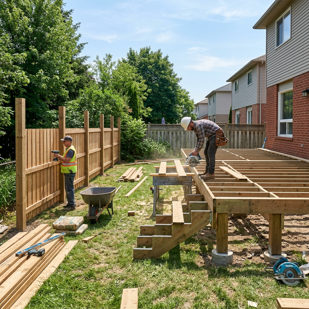 Workers constructing a wooden fence and deck in a backyard