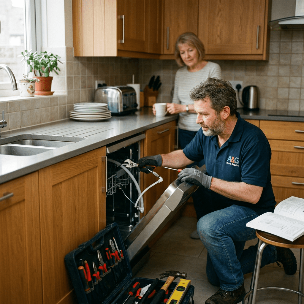 Technician fixing dishwasher with tools in kitchen while woman holds a cup