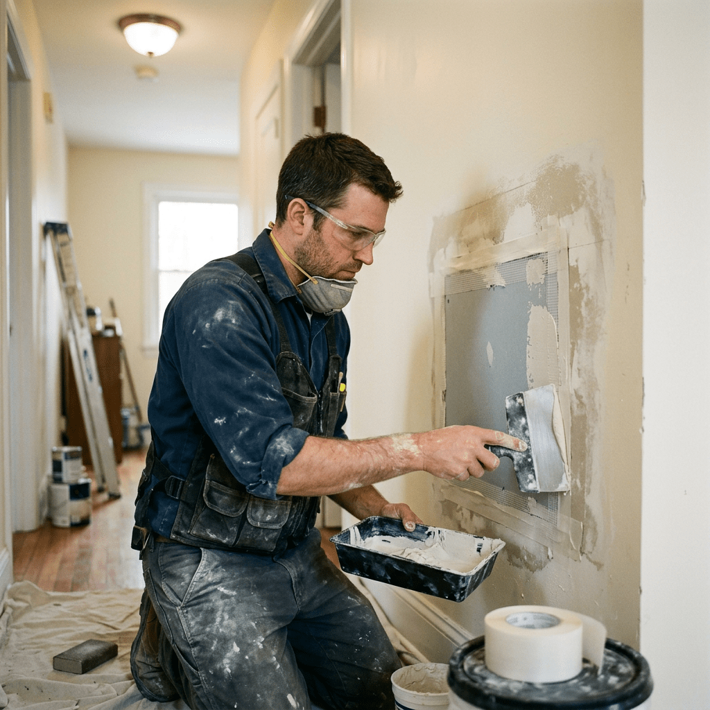 Man patching drywall with trowel and joint compound in hallway