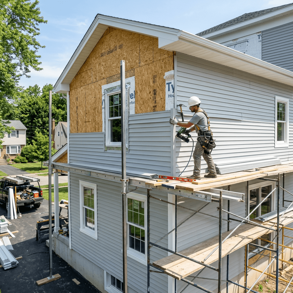 Worker installing gray vinyl siding on the upper exterior wall of a house