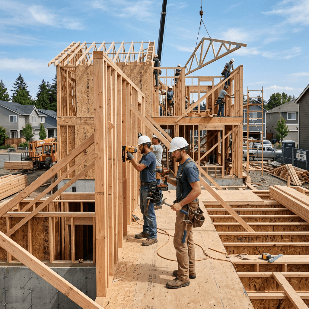 Construction workers assembling wooden framework of a house