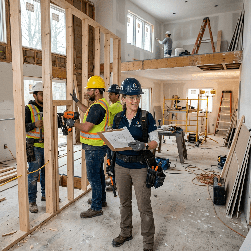 Construction workers building wooden frame inside house with woman holding clipboard